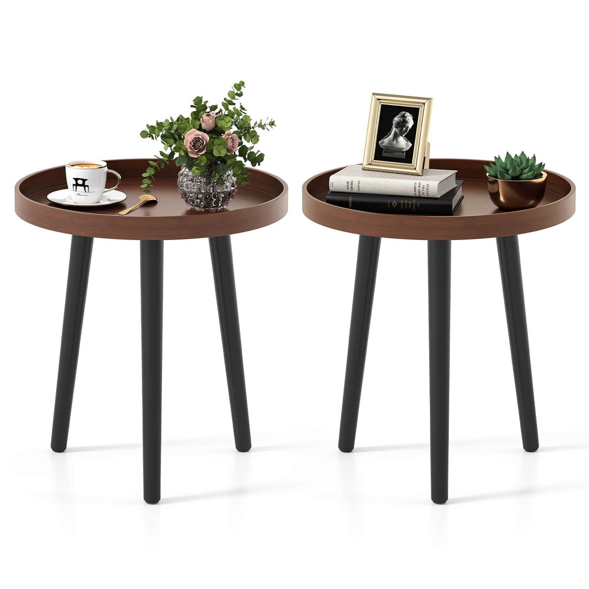 Round Side Table  with Solid Legs and Thickened Tray - 2-Piece