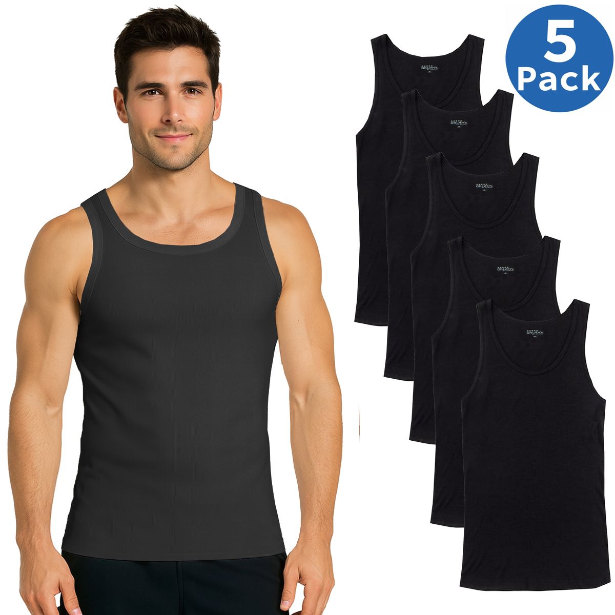 Men's Ribbed Classic Cotton Tank Tops (5- or 15-Pack) - MAU-900-BK - S