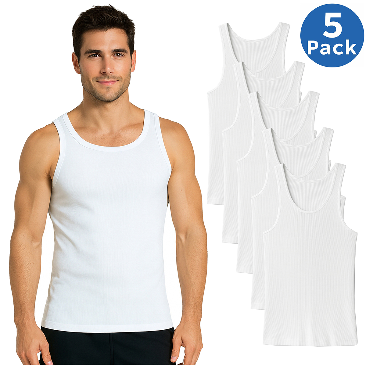 Men's Ribbed Classic Cotton Tank Tops (5- or 15-Pack) - MAU-900-WH - XL