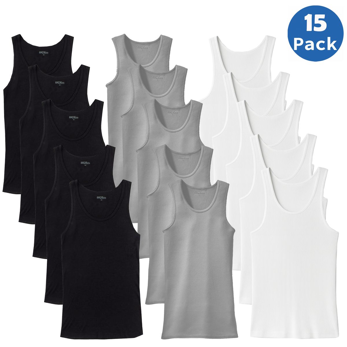 Men's Ribbed Classic Cotton Tank Tops (5- or 15-Pack) - MAU-900-BK-HG-WH - 2XL