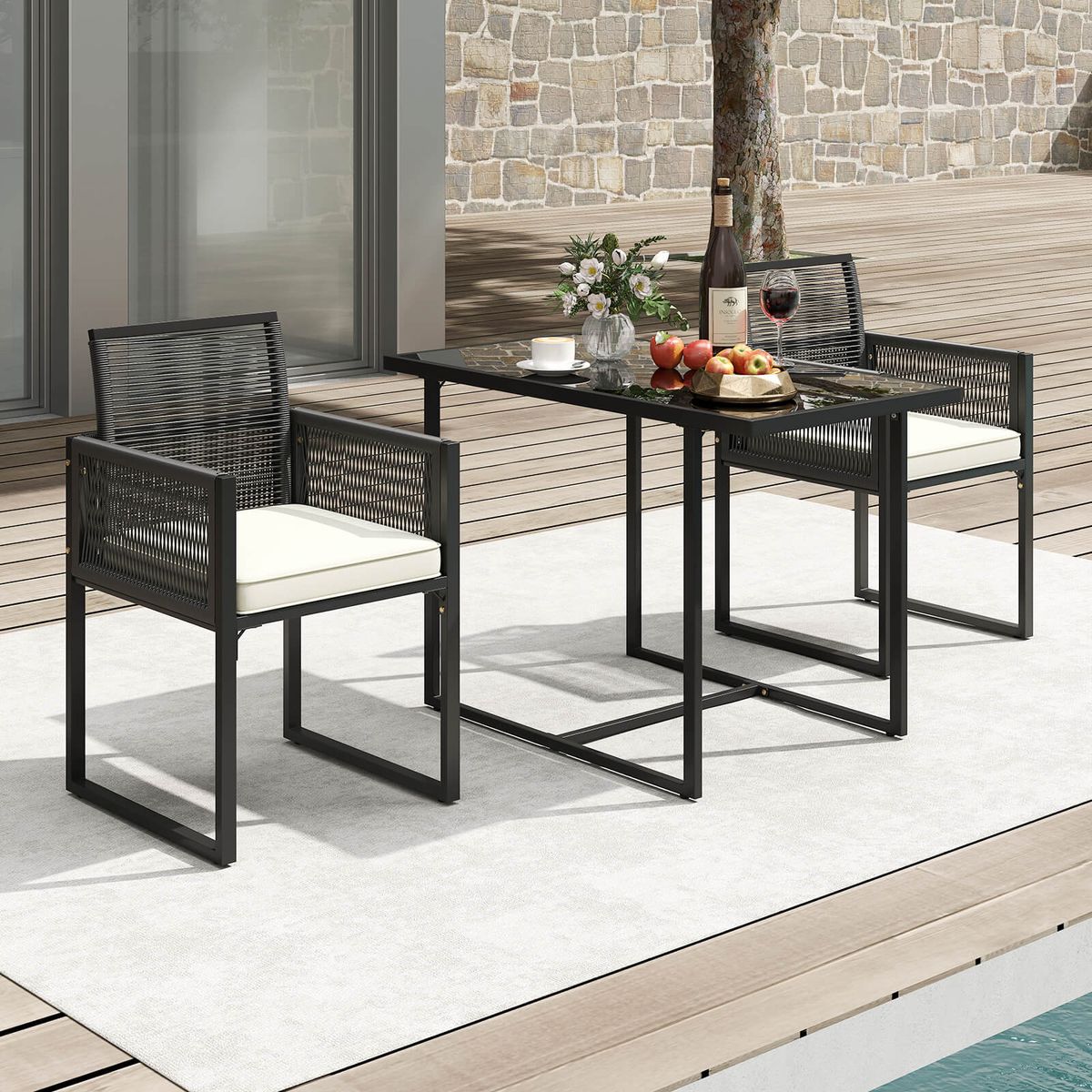 3-Piece Patio PE Wicker Furniture Set - White