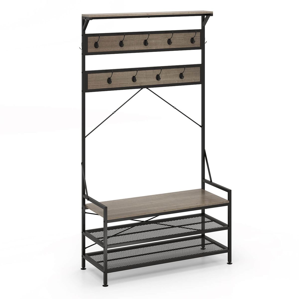 4-in-1 Coat Rack with Hooks and 2-Tier Shoe Rack - Gray