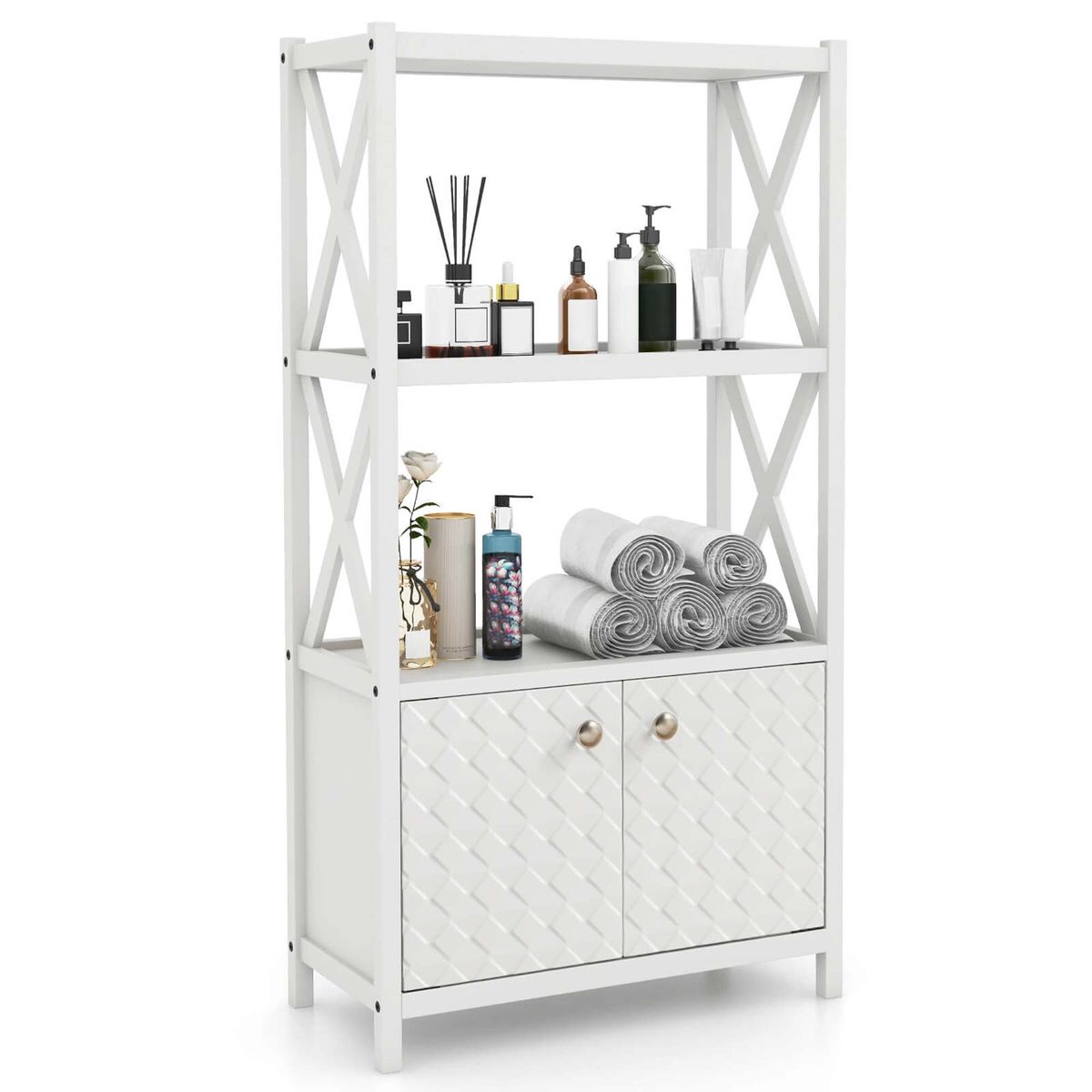 Bathroom Storage Cabinet with Open Shelves and Double Doors  - White