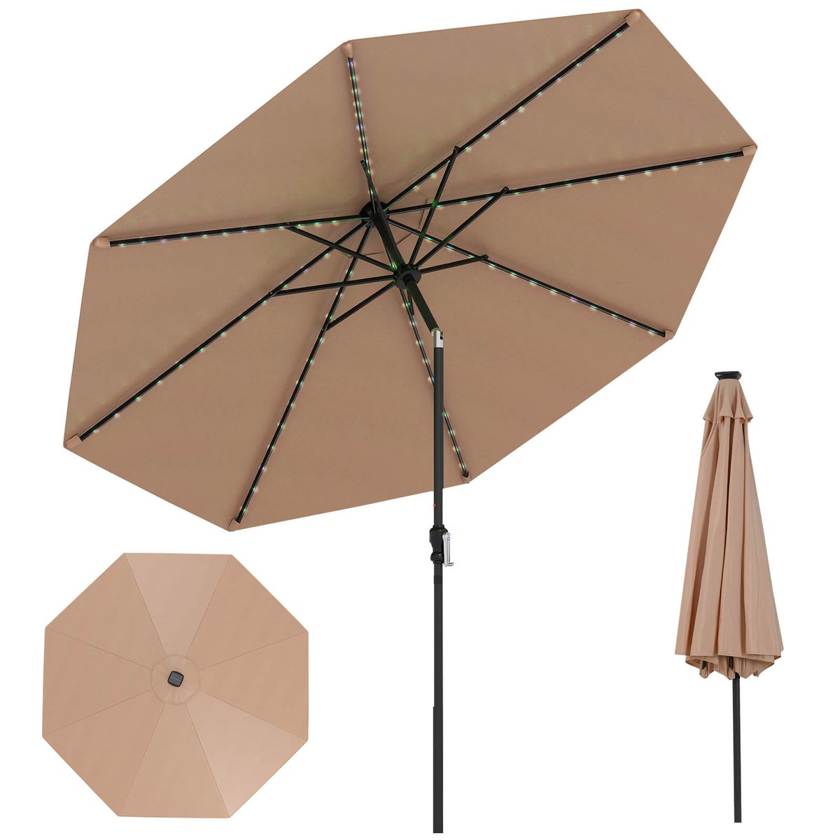 10FT Solar Patio Umbrella with 96 LED Lights and 35° Tilt - Brown