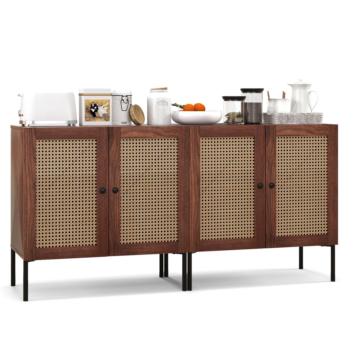 Rattan Buffet Sideboard Wine Cabinet (Set of 2) - Walnut