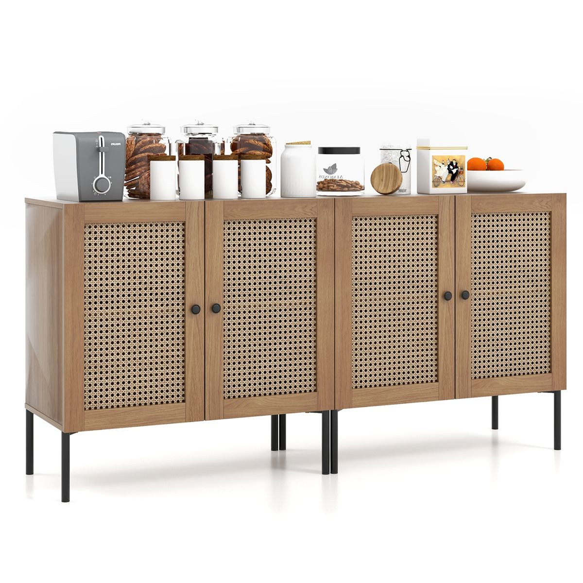 Rattan Buffet Sideboard Wine Cabinet (Set of 2) - Oak