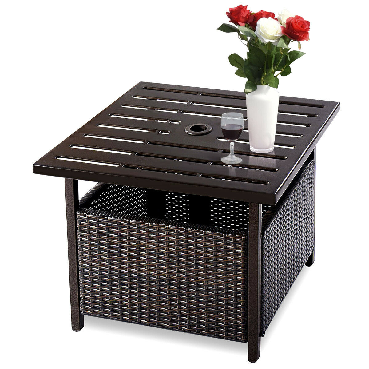 Outdoor Patio PE Rattan Wicker Steel Side Deck Table with Umbrella Hole - Brown