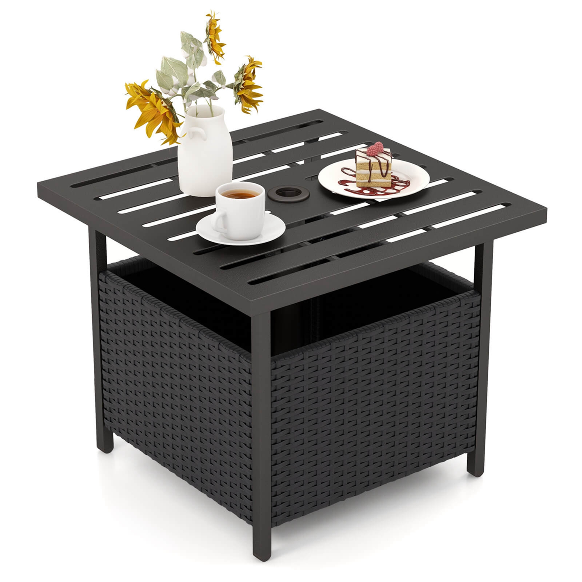 Outdoor Patio PE Rattan Wicker Steel Side Deck Table with Umbrella Hole - Black