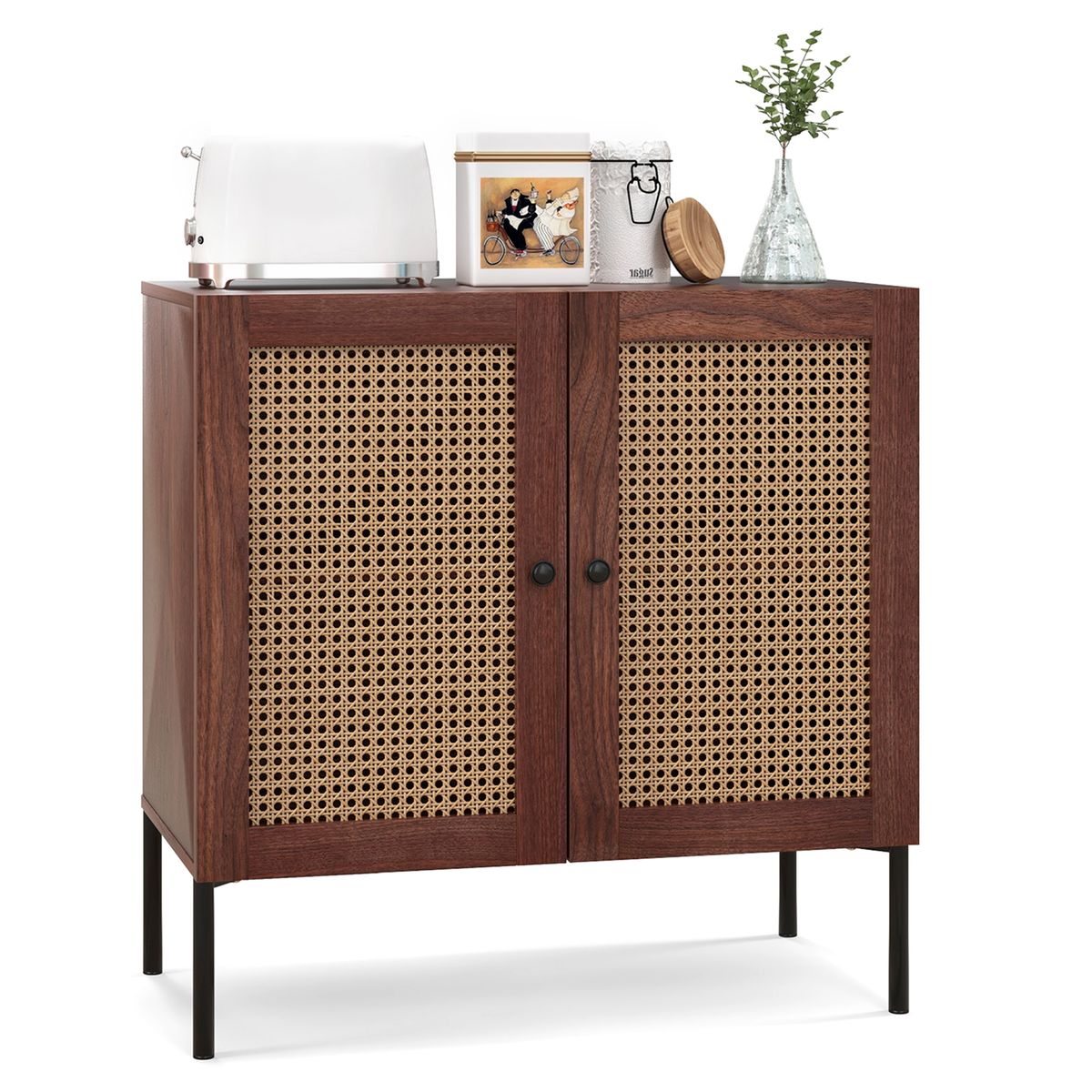Rattan Buffet Sideboard Cabinet with Adjustable Shelf - Walnut-1-Piece