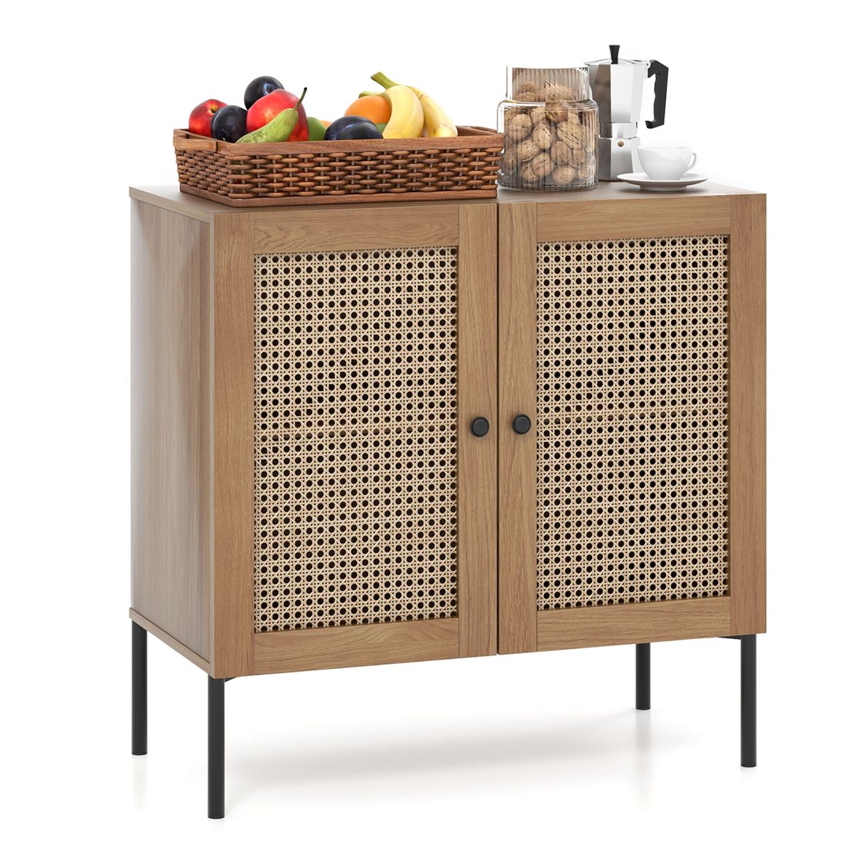 Rattan Buffet Sideboard Cabinet with Adjustable Shelf - Oak-1-Piece