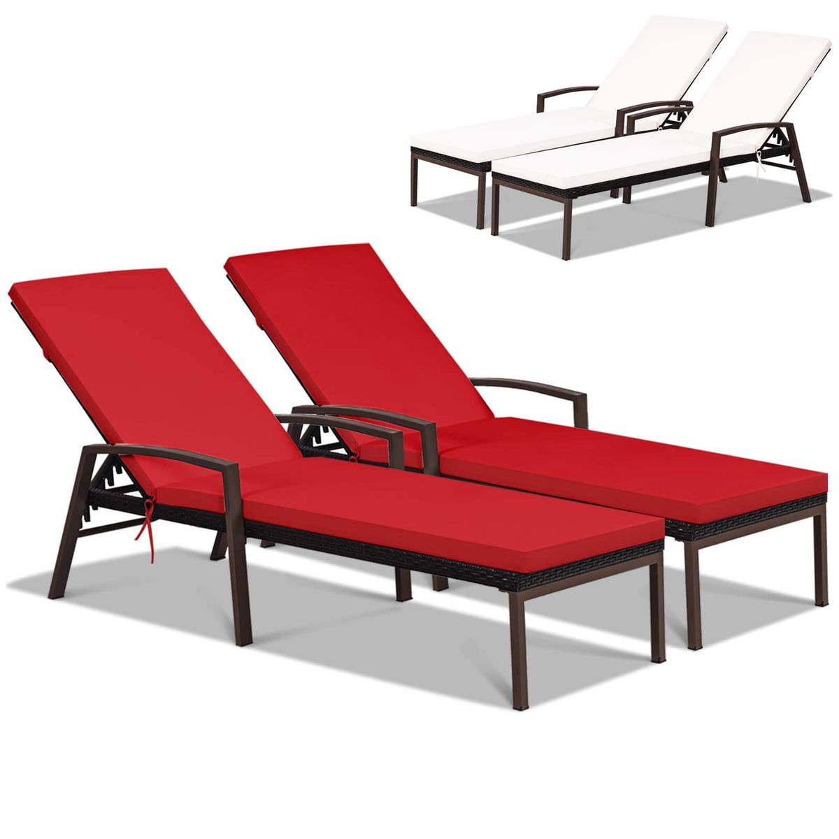 Outdoor Patio Rattan Chaise Lounge Chair (Set of 2) - Red