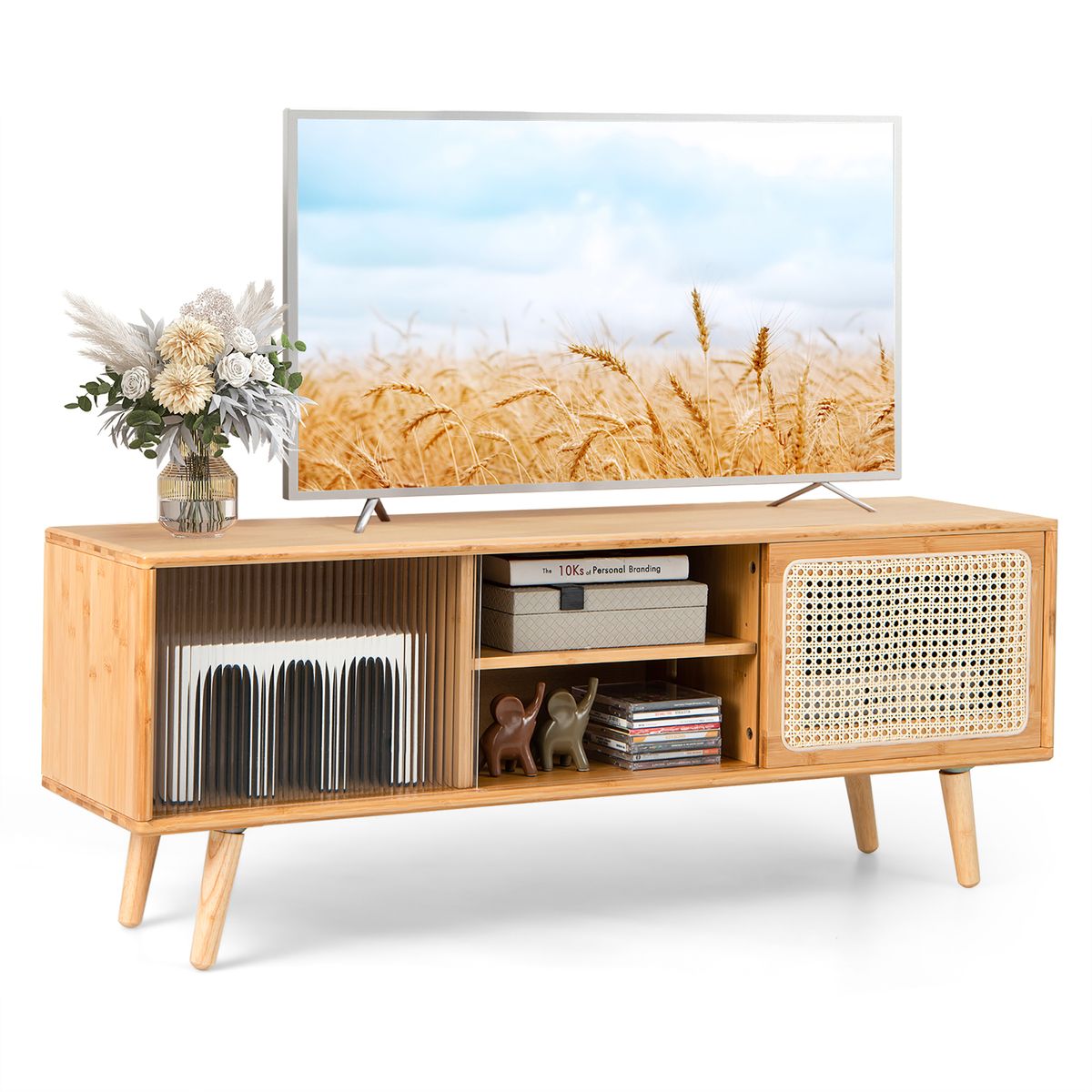 Mid-Century Modern TV Stand with Adjustable Shelf - Natural