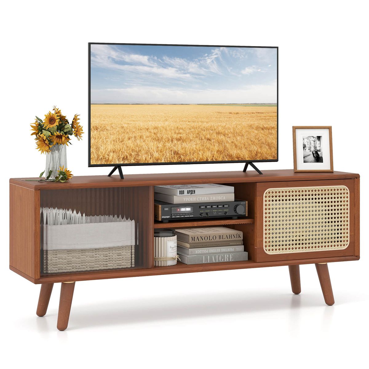 Mid-Century Modern TV Stand with Adjustable Shelf - Brown