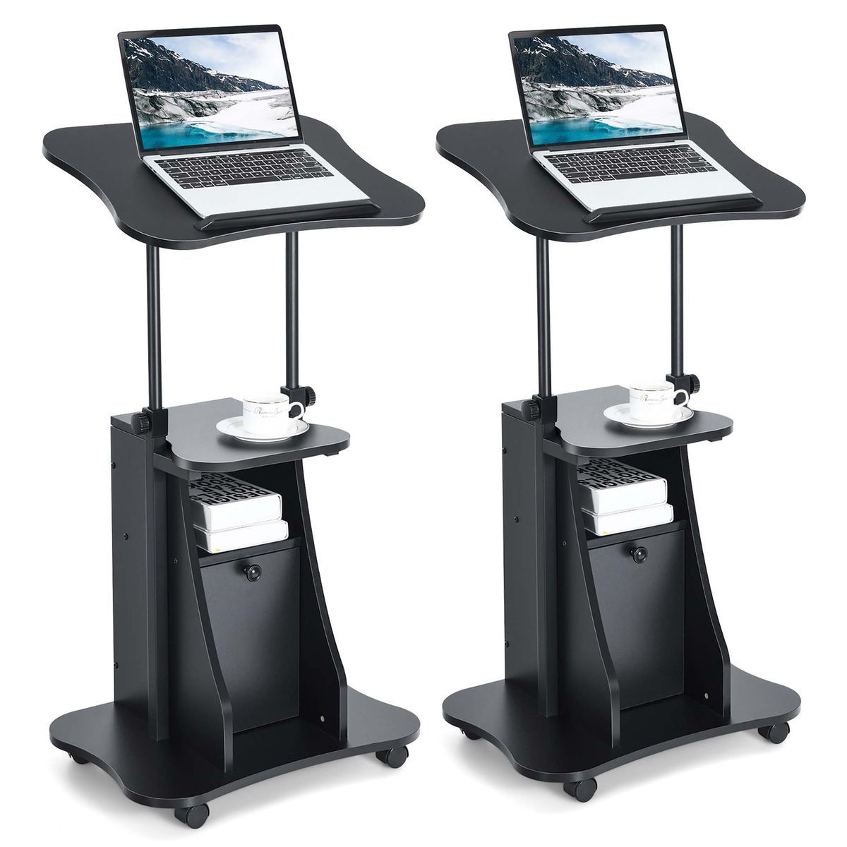 Height-Adjustable Sit-to-Stand Laptop Desk Cart with Storage - Laptop Cart-Black 2-Pack