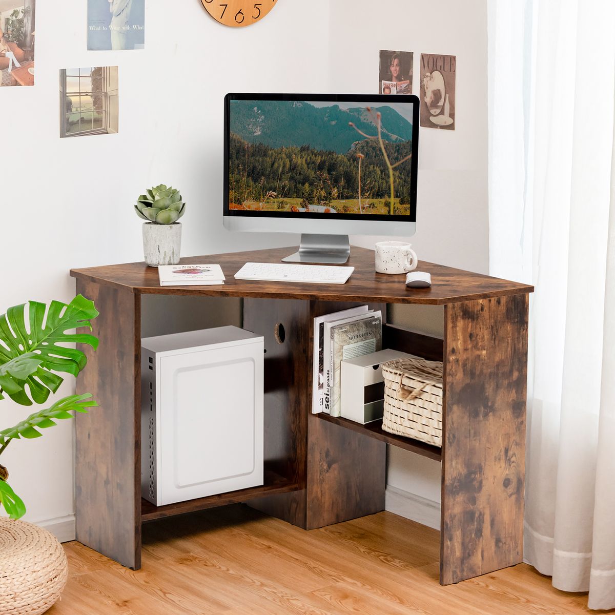 Corner Computer Desk Workstation with Storage Shelf - Rustic