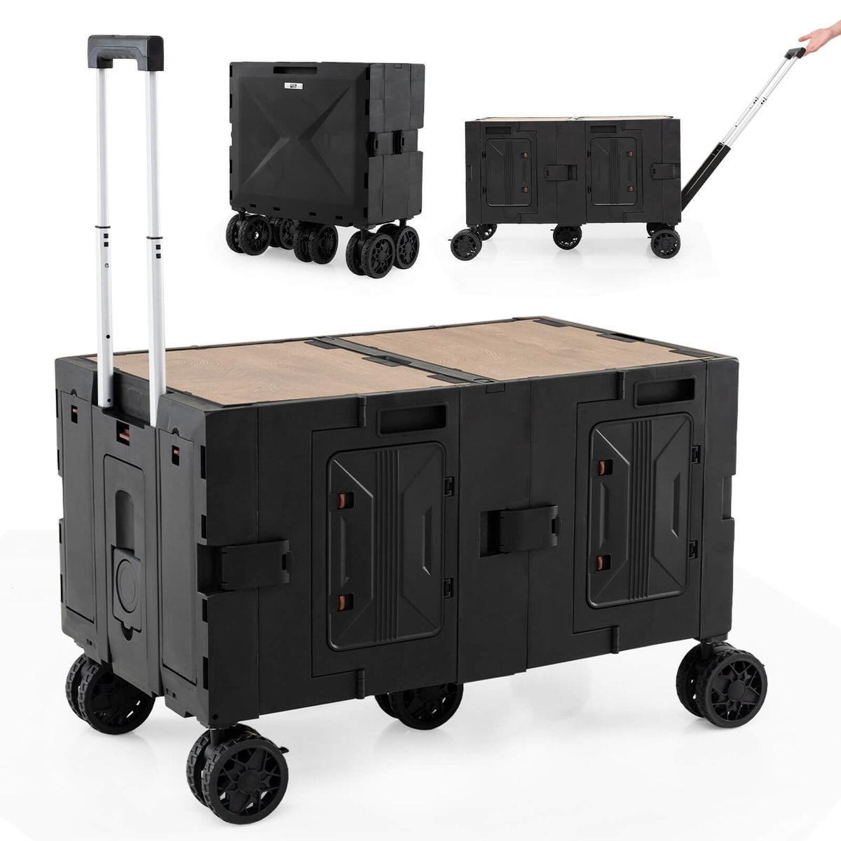 Large Foldable Utility Cart with 2-Tier Storage Crates - Black
