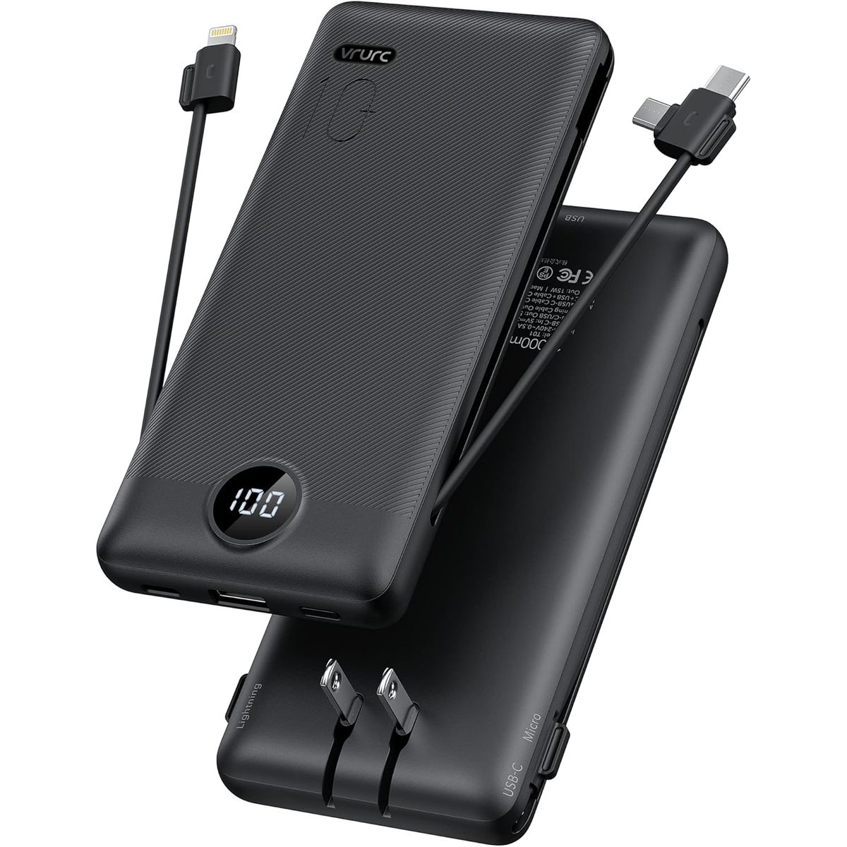 10000mAh Power Bank with Built-in Cables and AC Wall Plug - Black