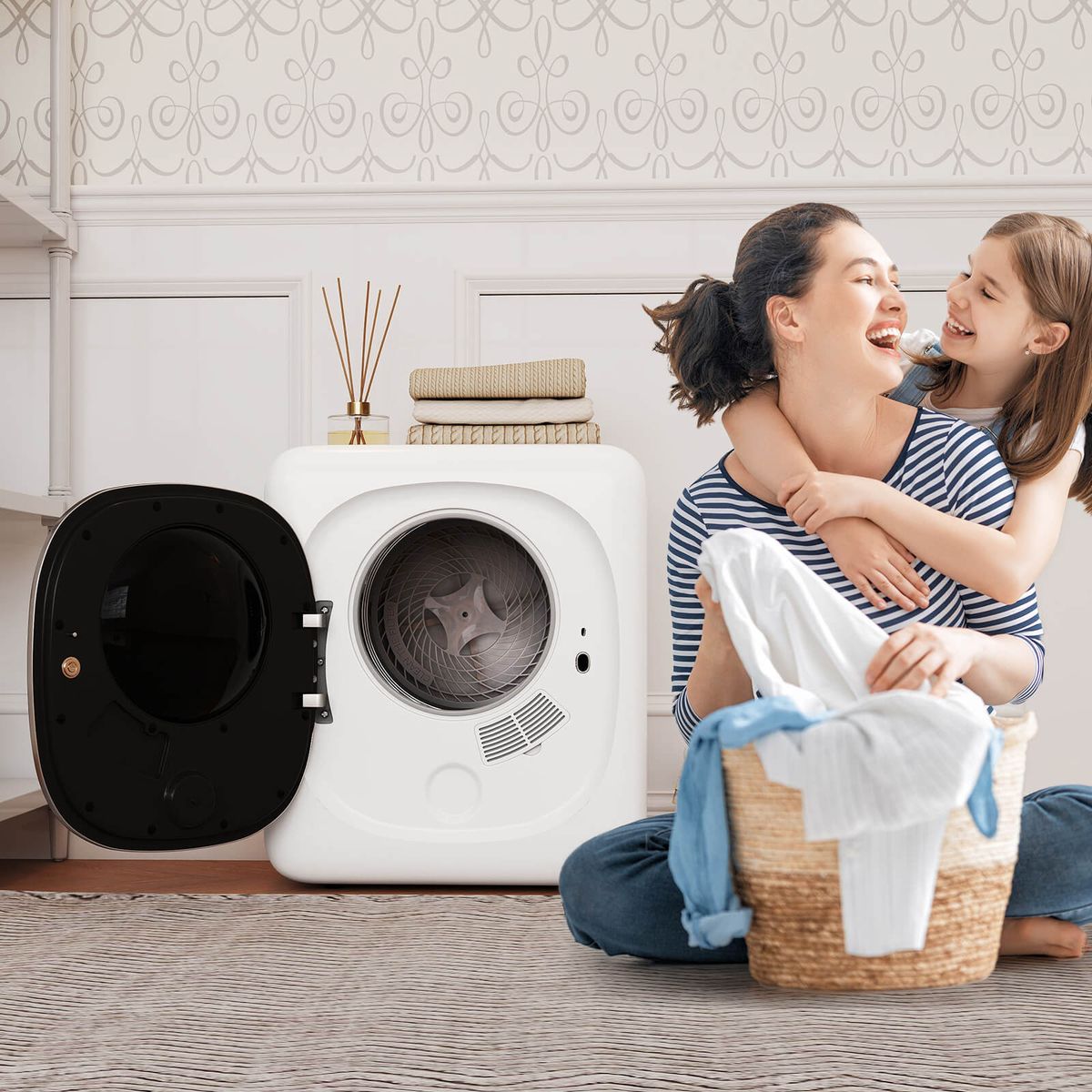 Compact Mini Clothes Dryer with Stainless Steel Tub - Turn Dial with 5 Drying Modes