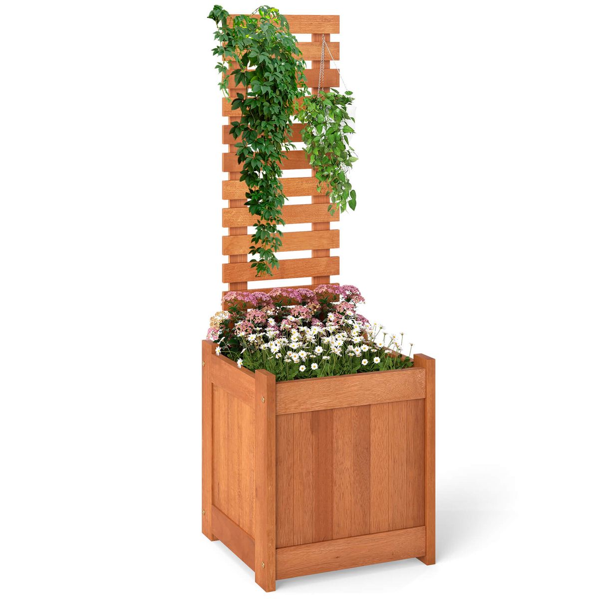 Wooden Raised Garden Bed with Open-Ended Base and Trellis - 1-Piece