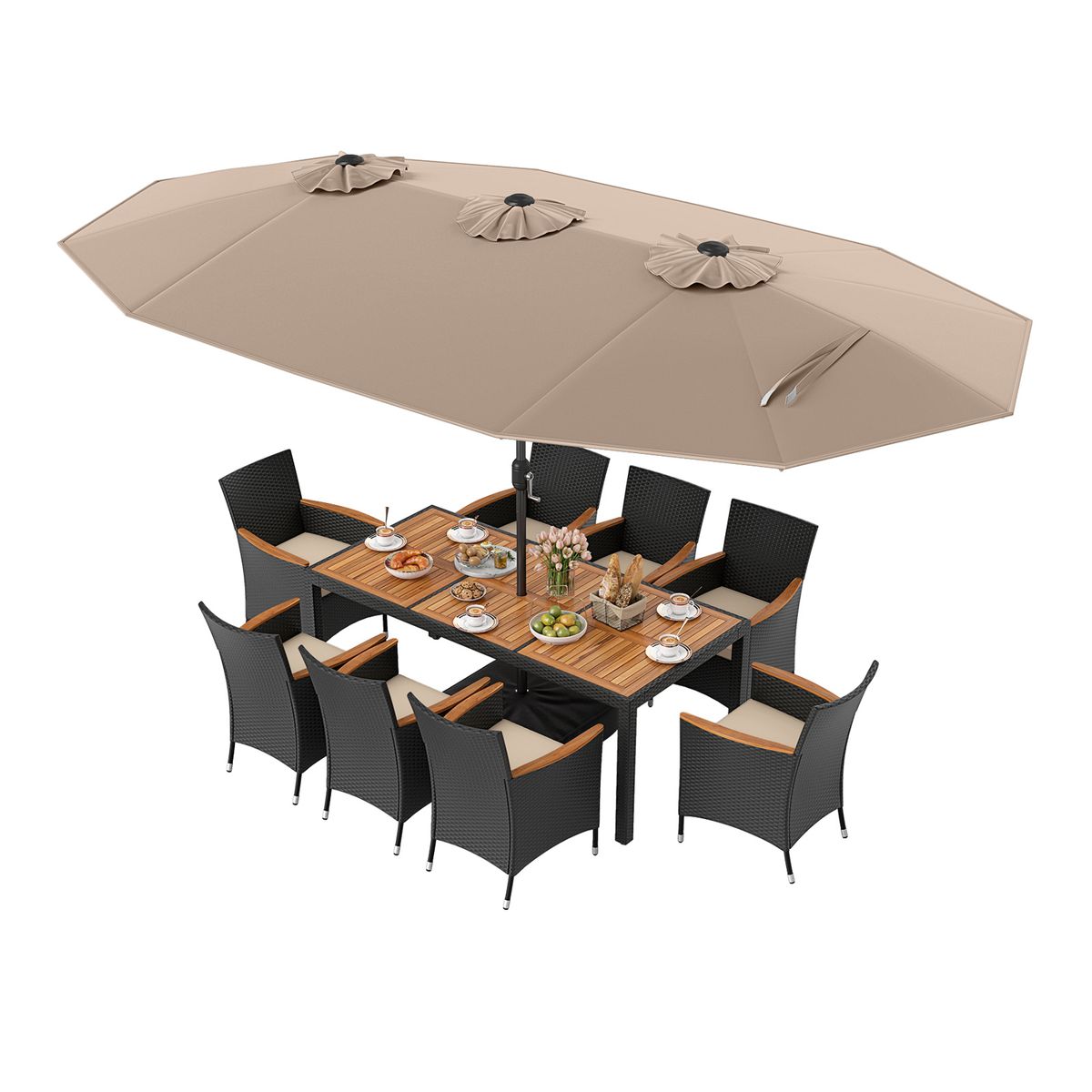 11-Piece Patio Wicker Dining Set with Umbrella - CF+WH Cushion