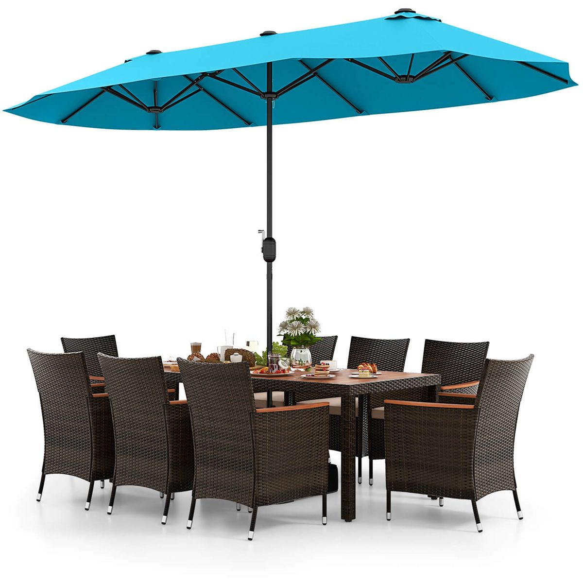 11-Piece Patio Wicker Dining Set with Umbrella - TU+NY Cushion
