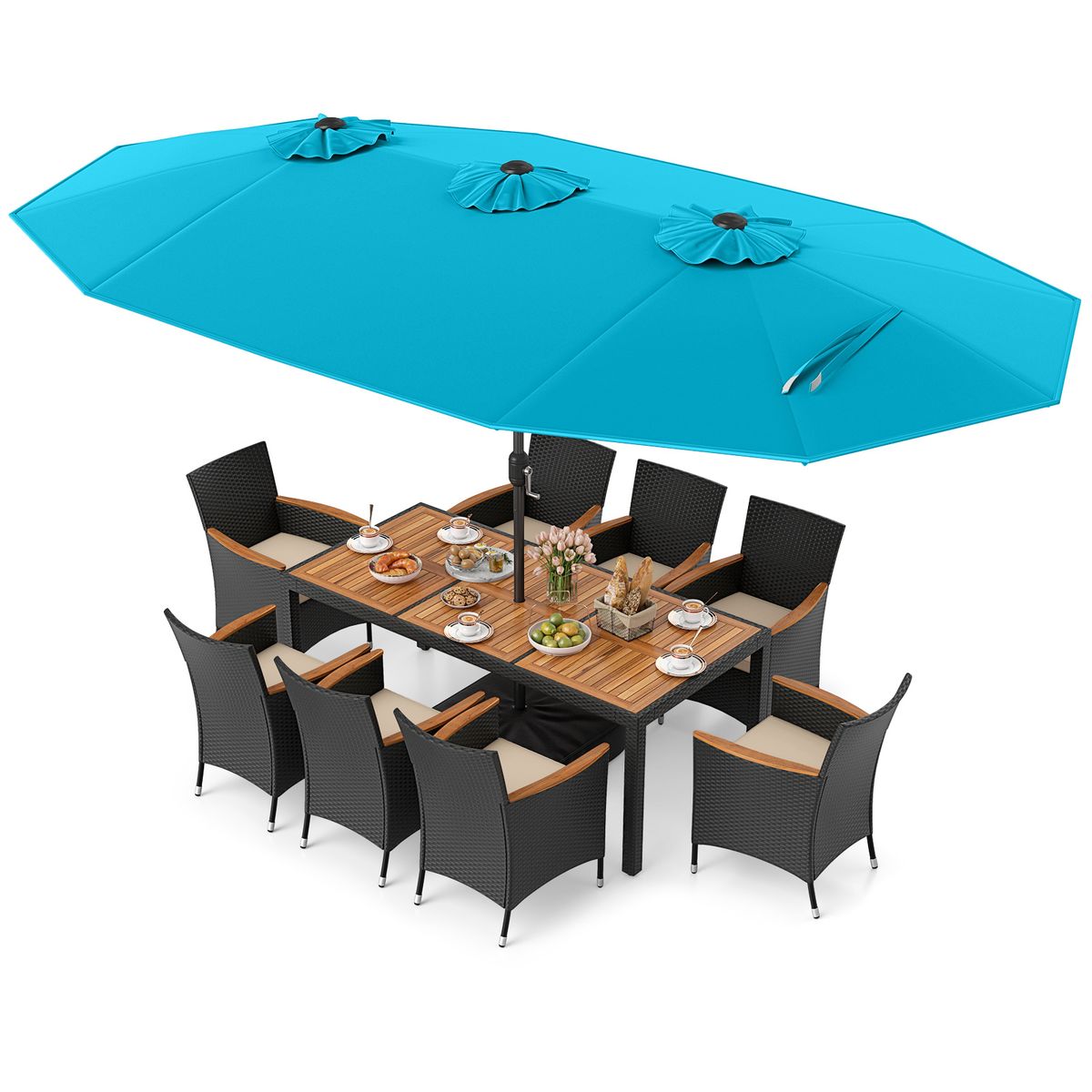 11-Piece Patio Wicker Dining Set with Umbrella - TU+WH Cushion