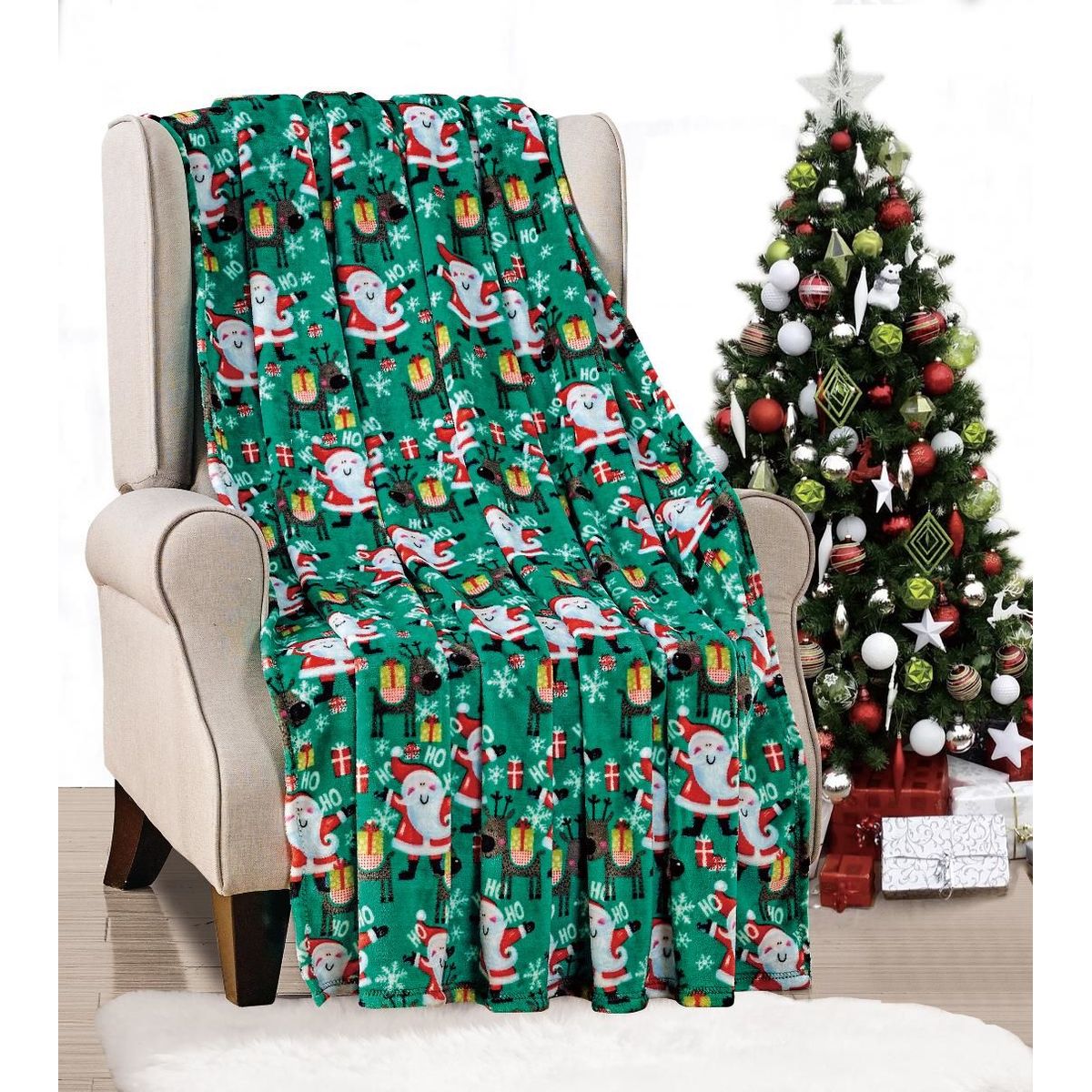 50 x 60-Inch Microplush Holiday Throw Blanket - Green Santa