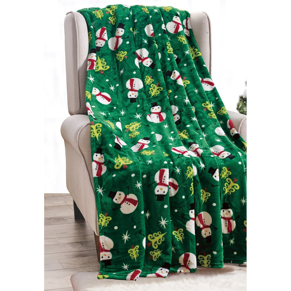 50 x 60-Inch Microplush Holiday Throw Blanket - Green Snowman