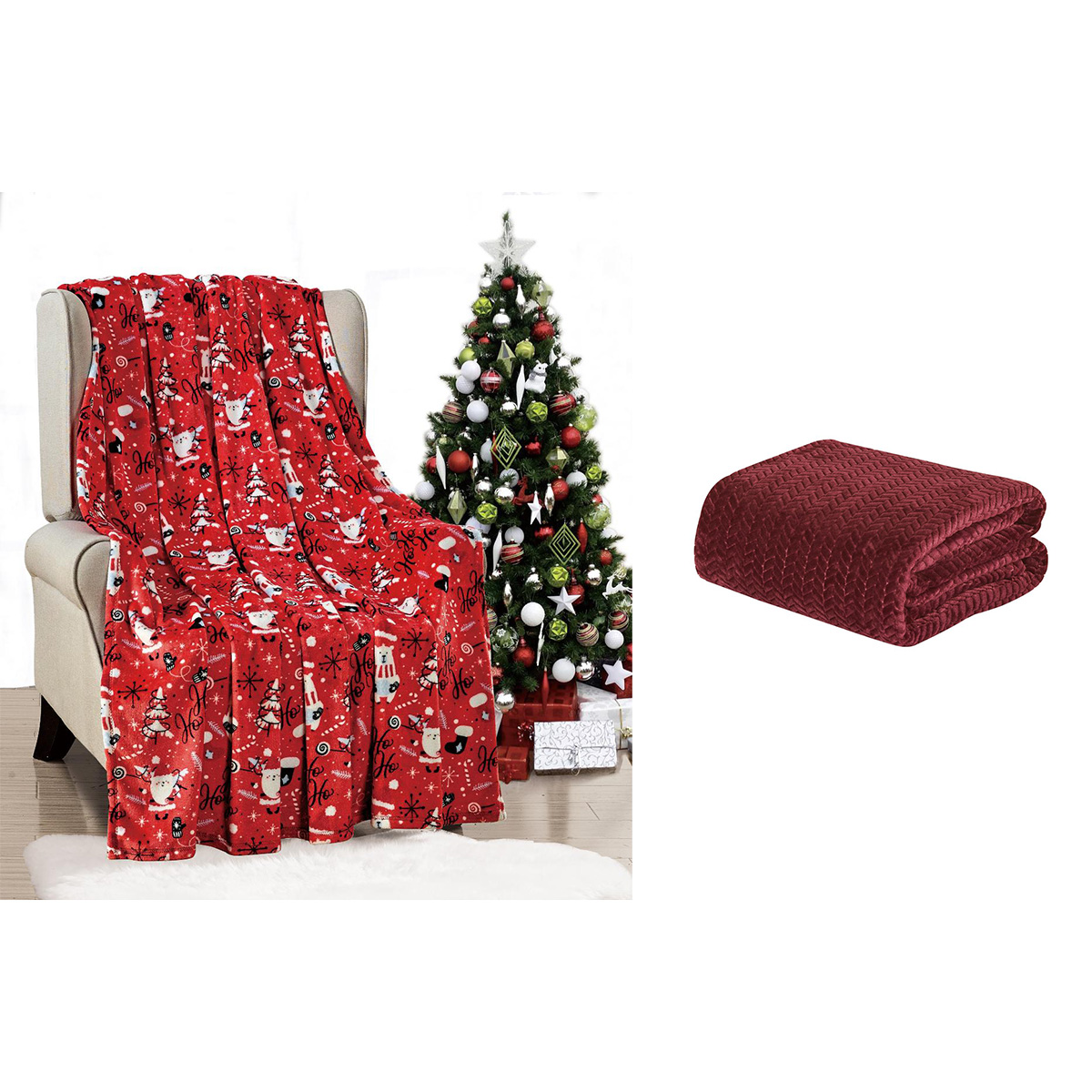 Queen Blanket and Holiday Throw Bundle - QN-CHEVRON-BURG+RED SANTA