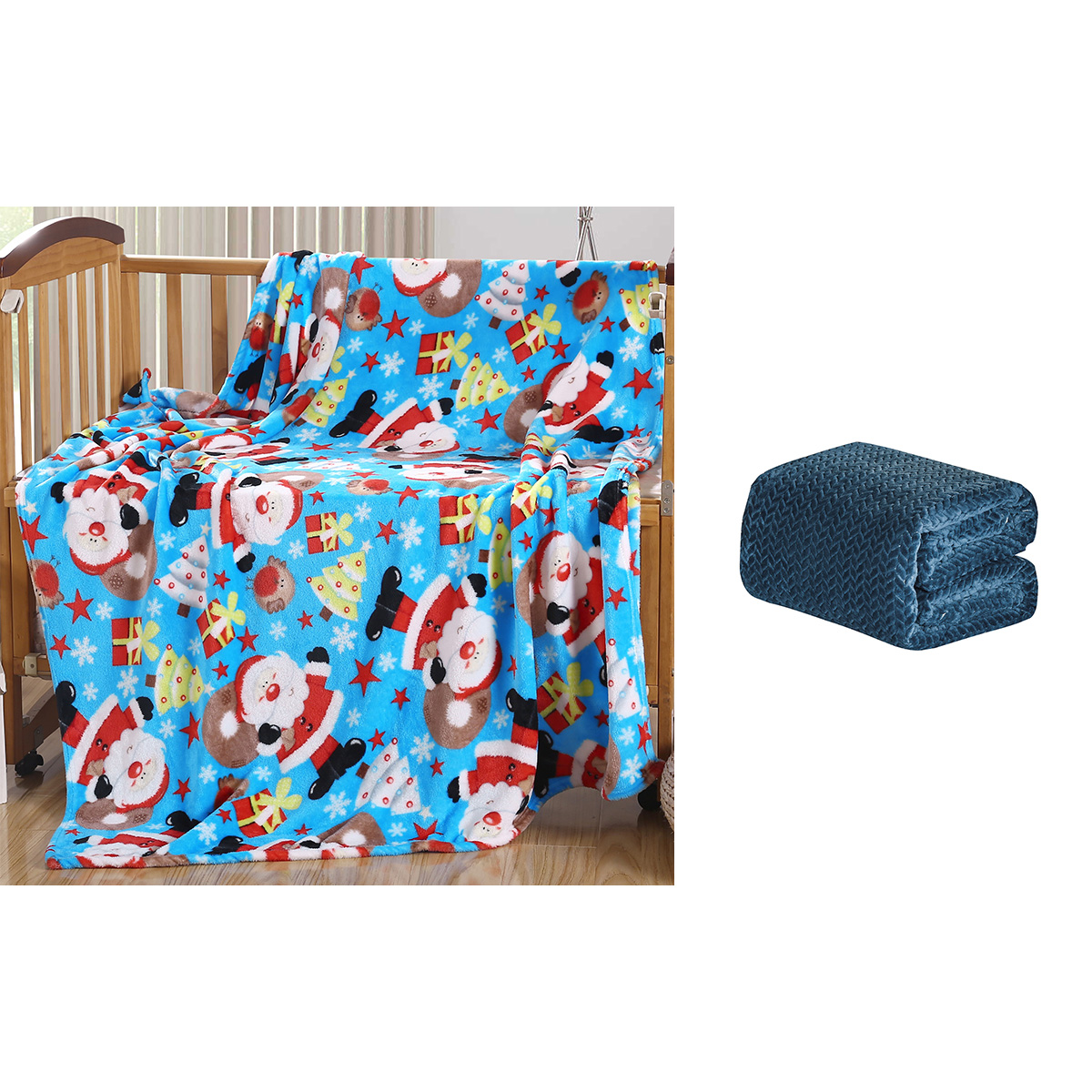 Queen Blanket and Holiday Throw Bundle - QN-CHEVRON-NAVY+SANTA