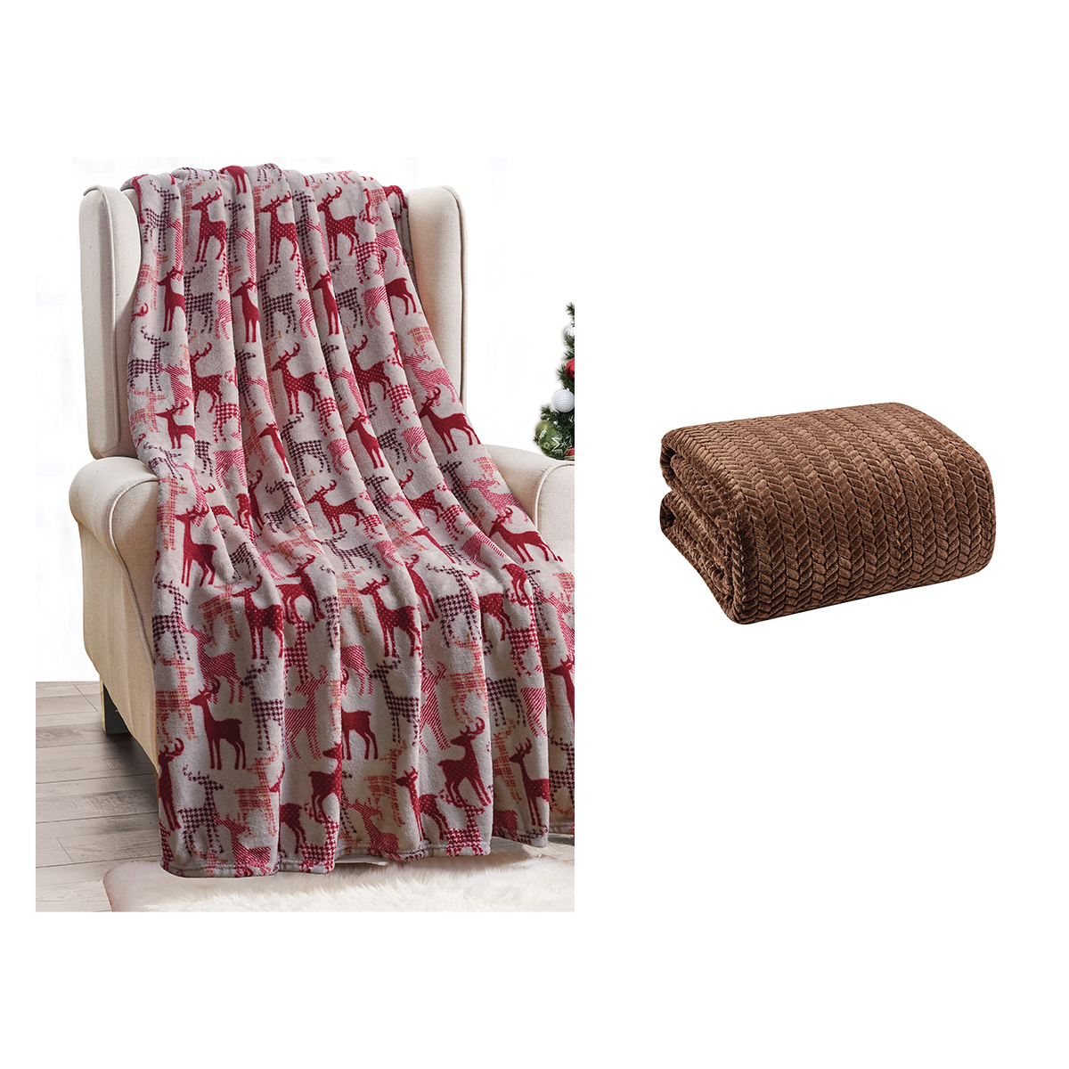 Queen Blanket and Holiday Throw Bundle - QN-CHEVRON-CHOCO+TAN REINDEER