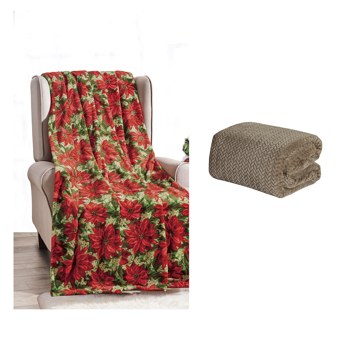 Queen Blanket and Holiday Throw Bundle - QN-CHEVRON-TAUPE+POINSETTIA