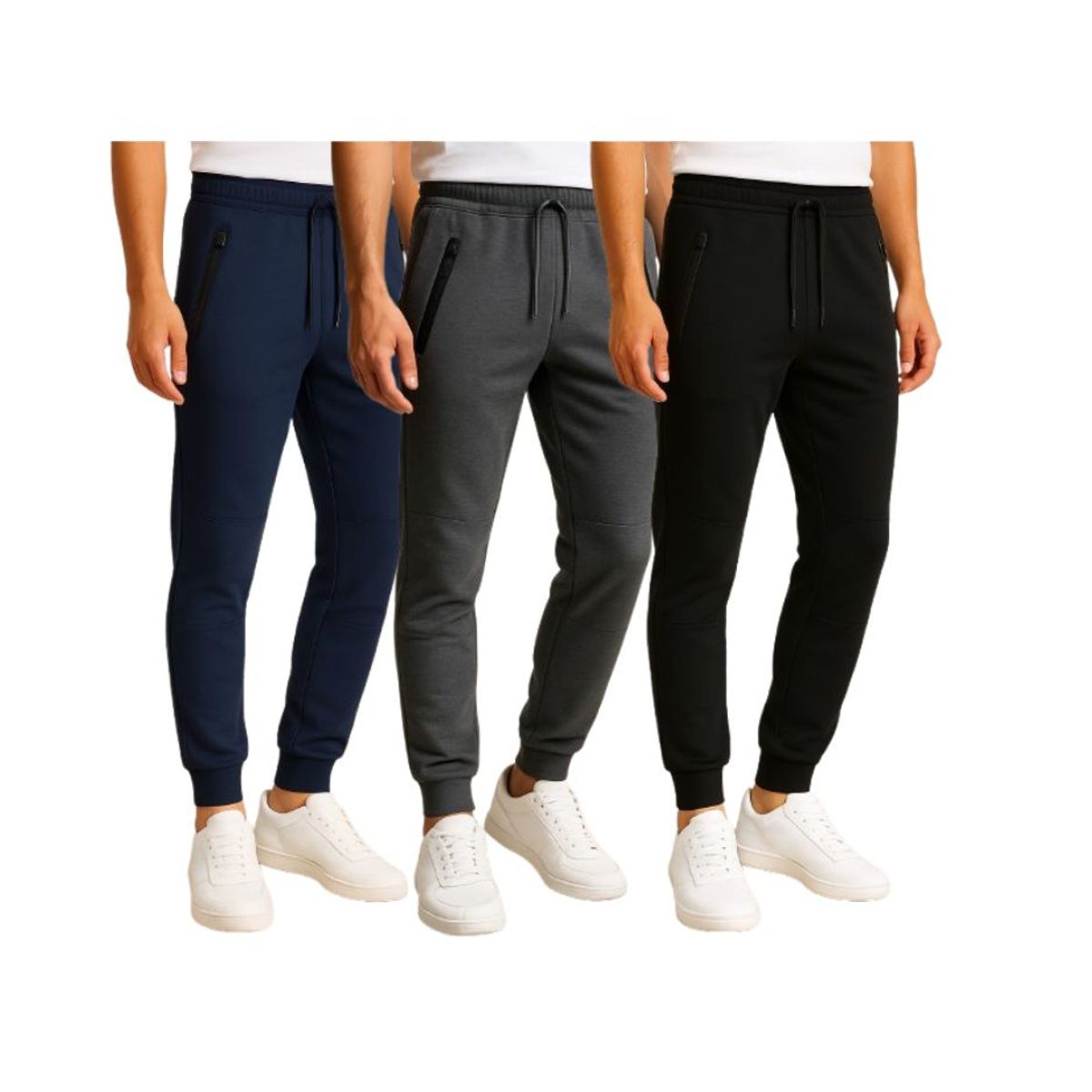 Men's Fleece Joggers with Tech Zipper Pockets (3-Pack) - Black-Charcoal-Navy/ Large