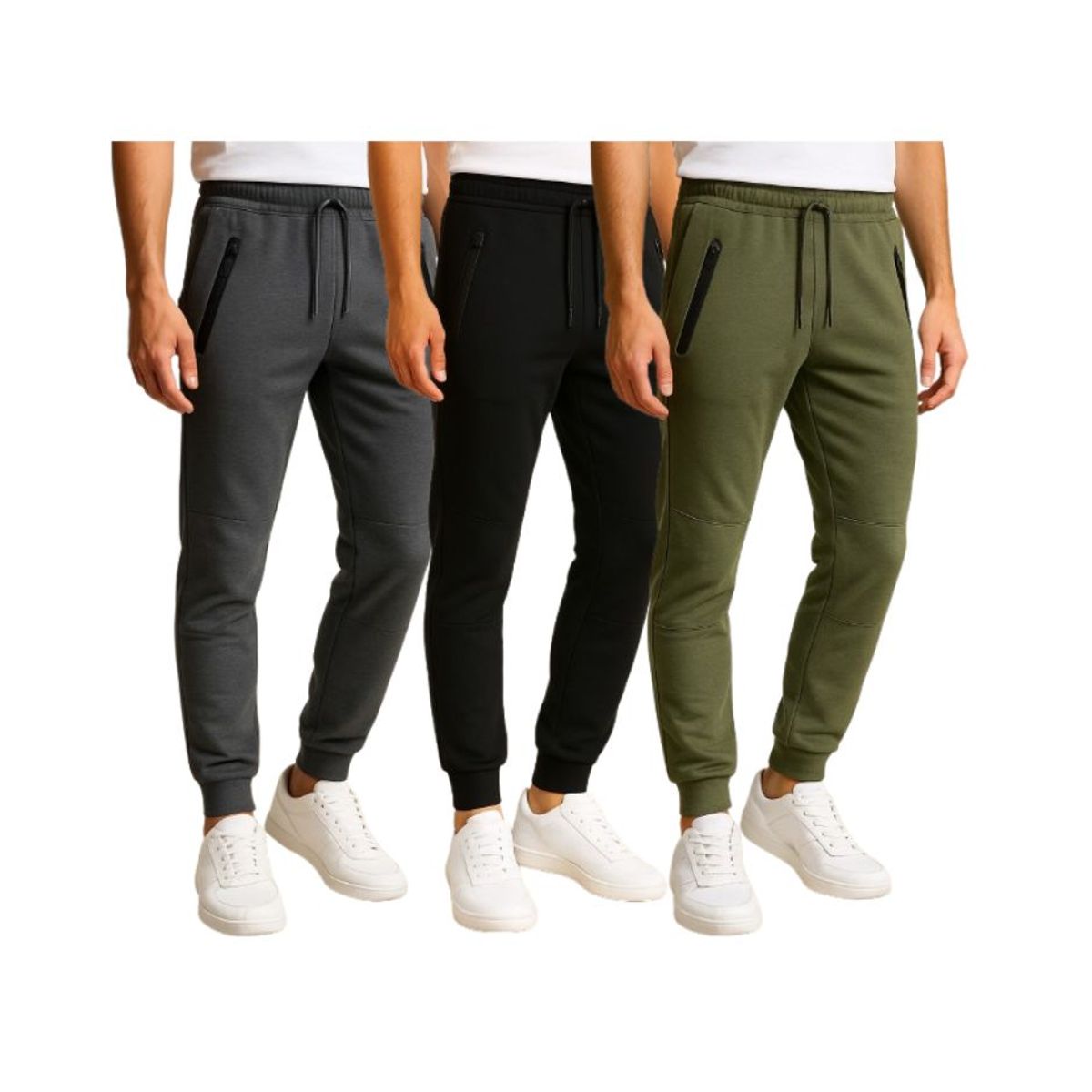 Men's Fleece Joggers with Tech Zipper Pockets (3-Pack) - Black-Charcoal-Olive/ Large