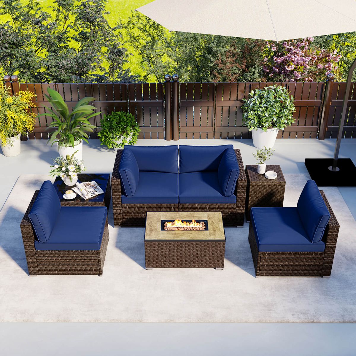 7-Piece Outdoor Furniture Set with 32" Fire Pit Table - Navy