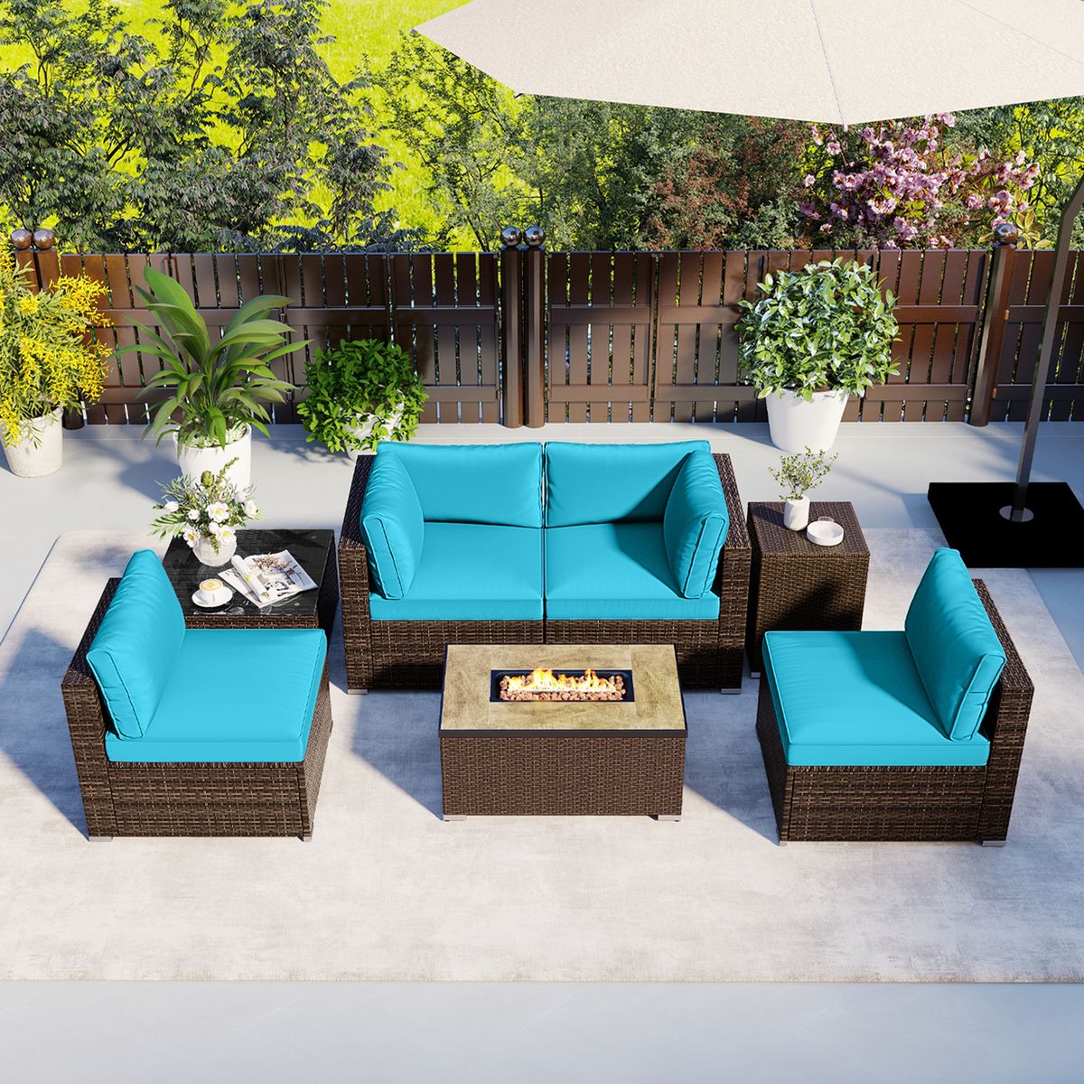7-Piece Outdoor Furniture Set with 32" Fire Pit Table - Turquoise
