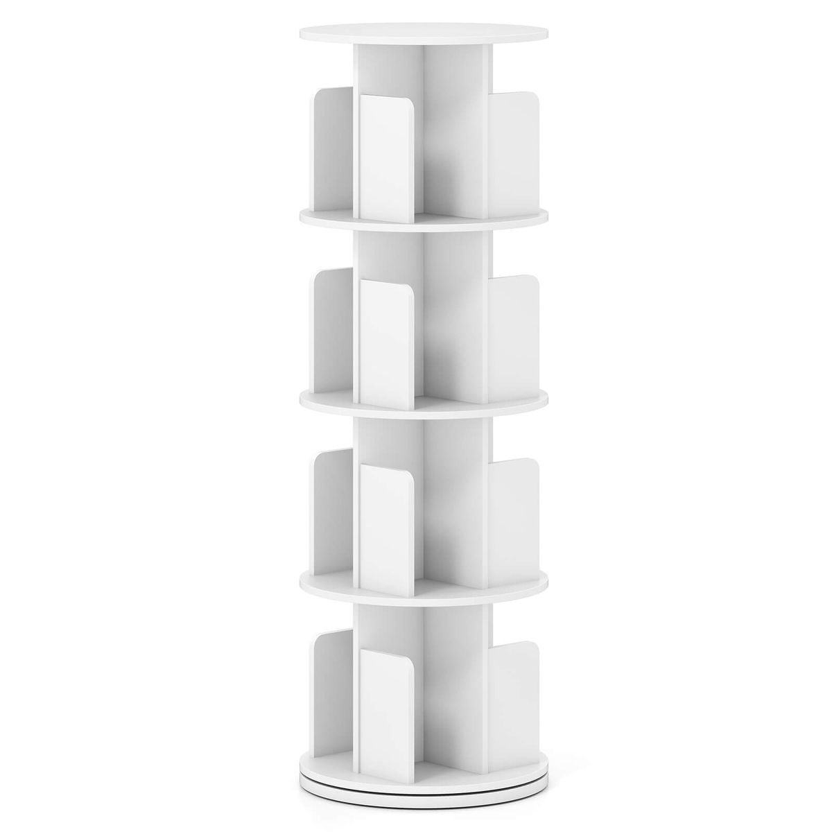 4-Tier Rotating Bookshelf with 360&deg; Display Rack and Dividers - White-1-Piece