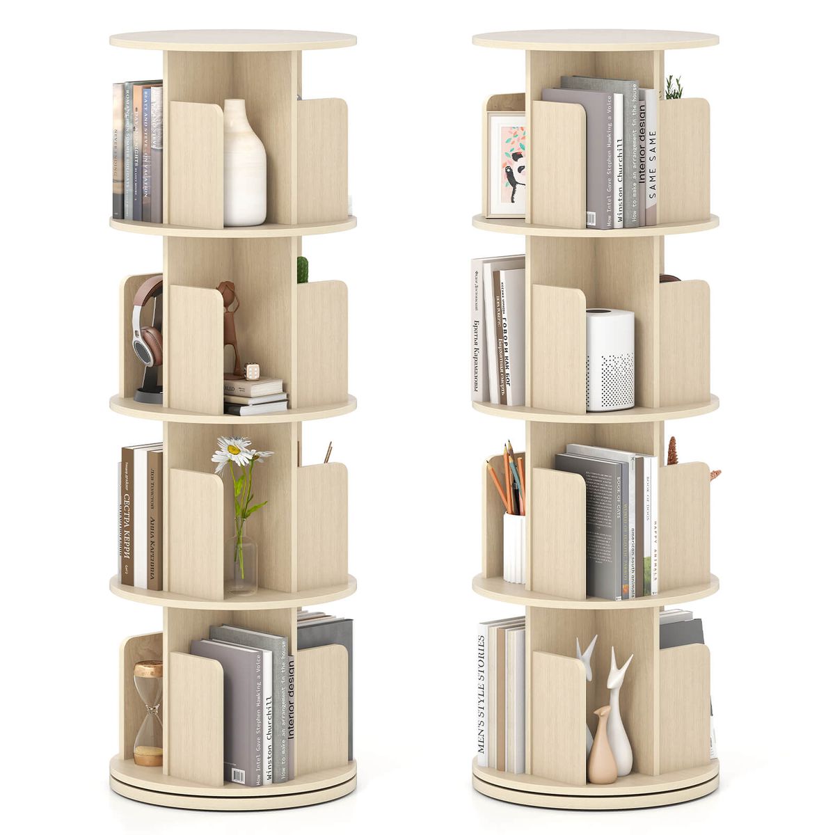 4-Tier Rotating Bookshelf with 360° Display Rack and Dividers - Natural-2-Piece