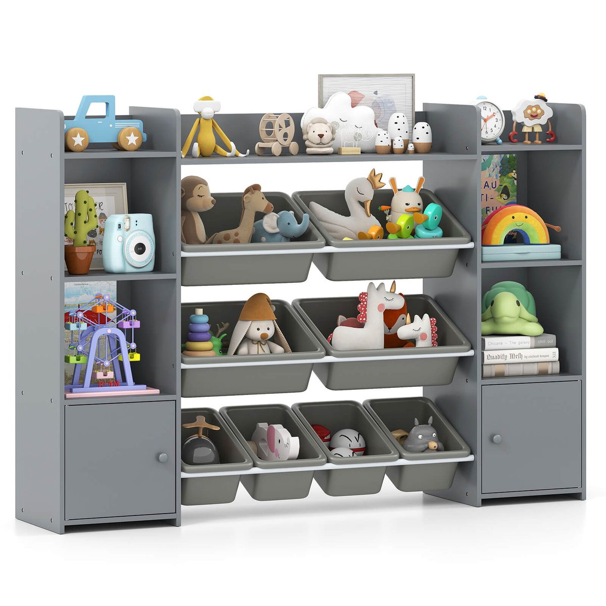 4-Tier Large Storage Cabinet with 6 Cubbies and 8 Removable Bins - Gray