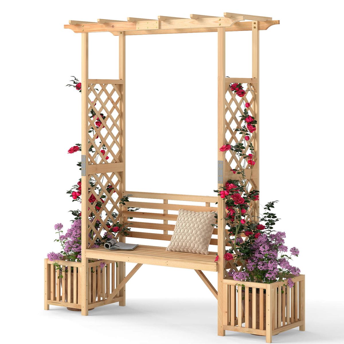 Patio Garden Bench Arbor Arch with Planting Boxes - Square Patio Garden Bench