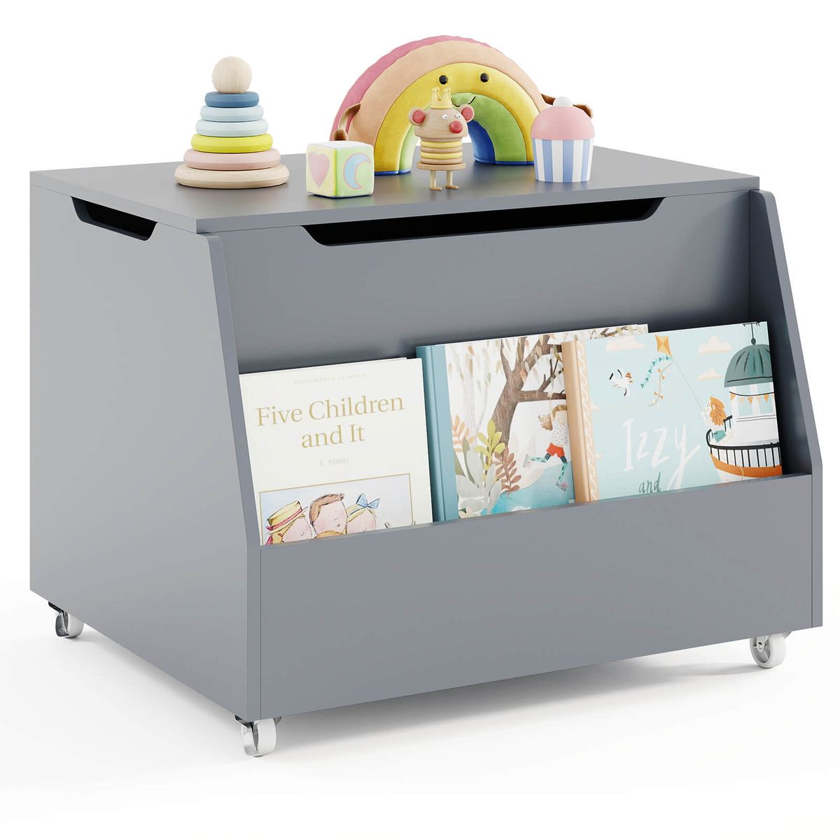 Kids Wooden Toy Box Storage Organizer with Flip-Top Lid  - Gray