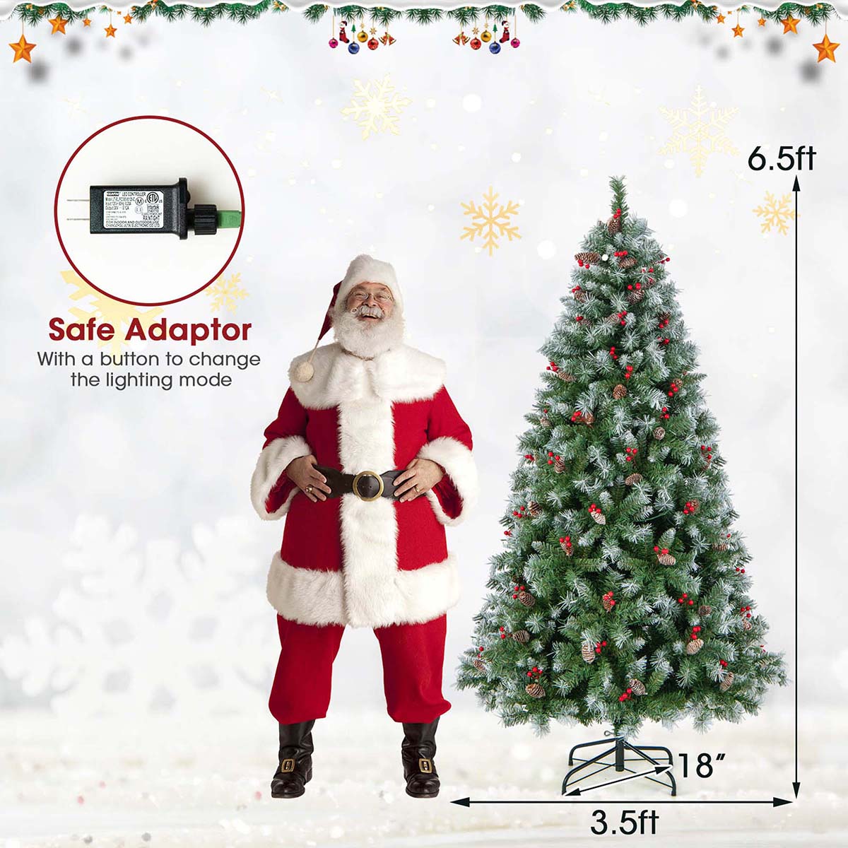 5 to 9-Foot Artificial Pre-Lit Snow-Flocked Christmas Trees with Pine Cones - Costway 6.5 FT Artificial Chri