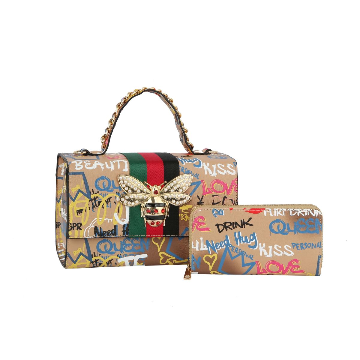 Graffiti Bee Print Satchel & Wallet Set - Gold
