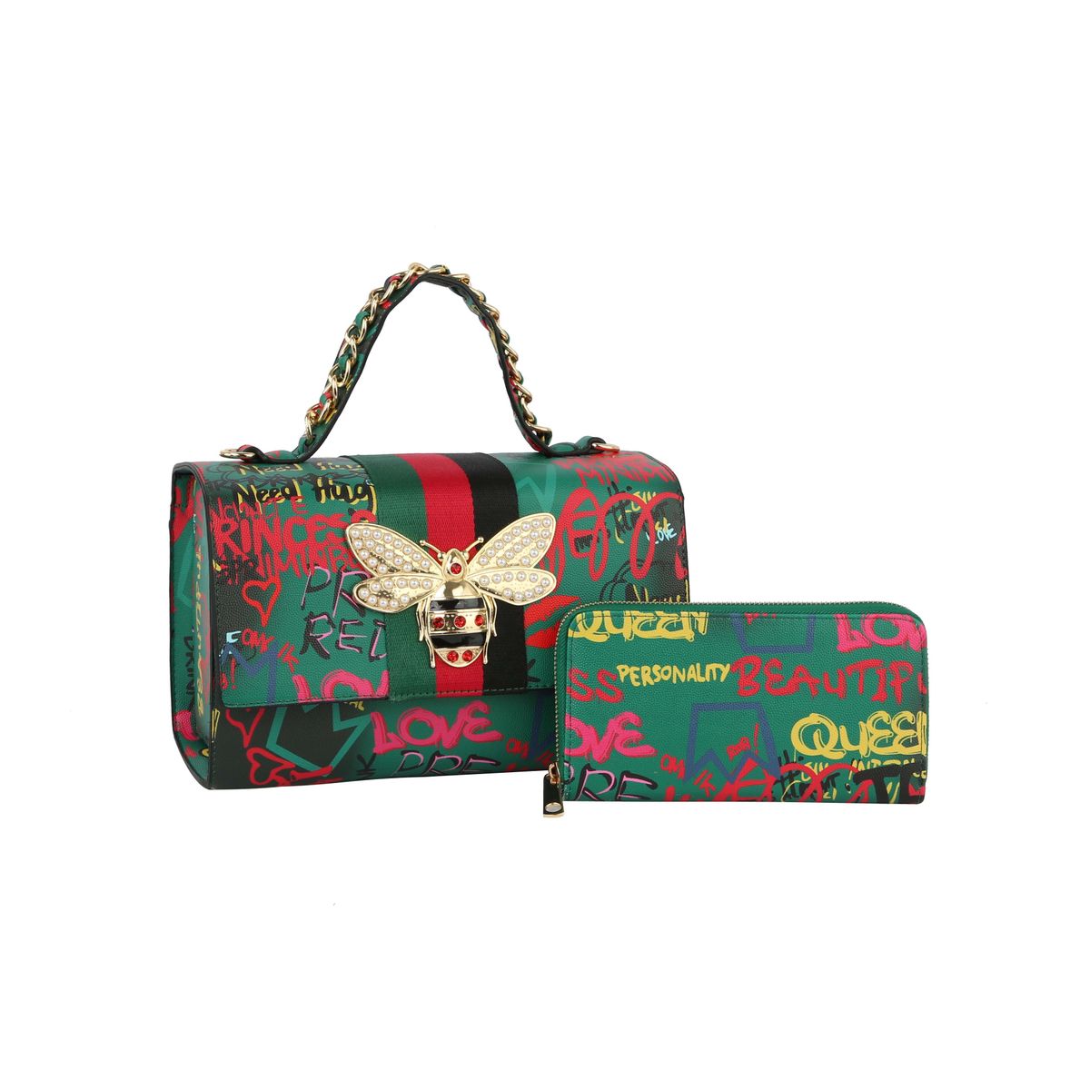 Graffiti Bee Print Satchel & Wallet Set - Green