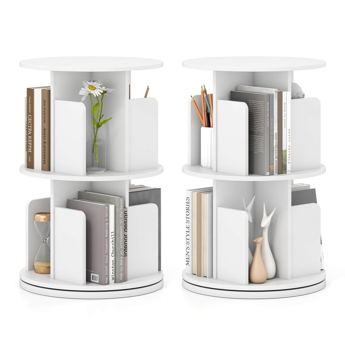 2-Tier Rotating Bookshelf with 360&deg; Swivel - White-2-Piece