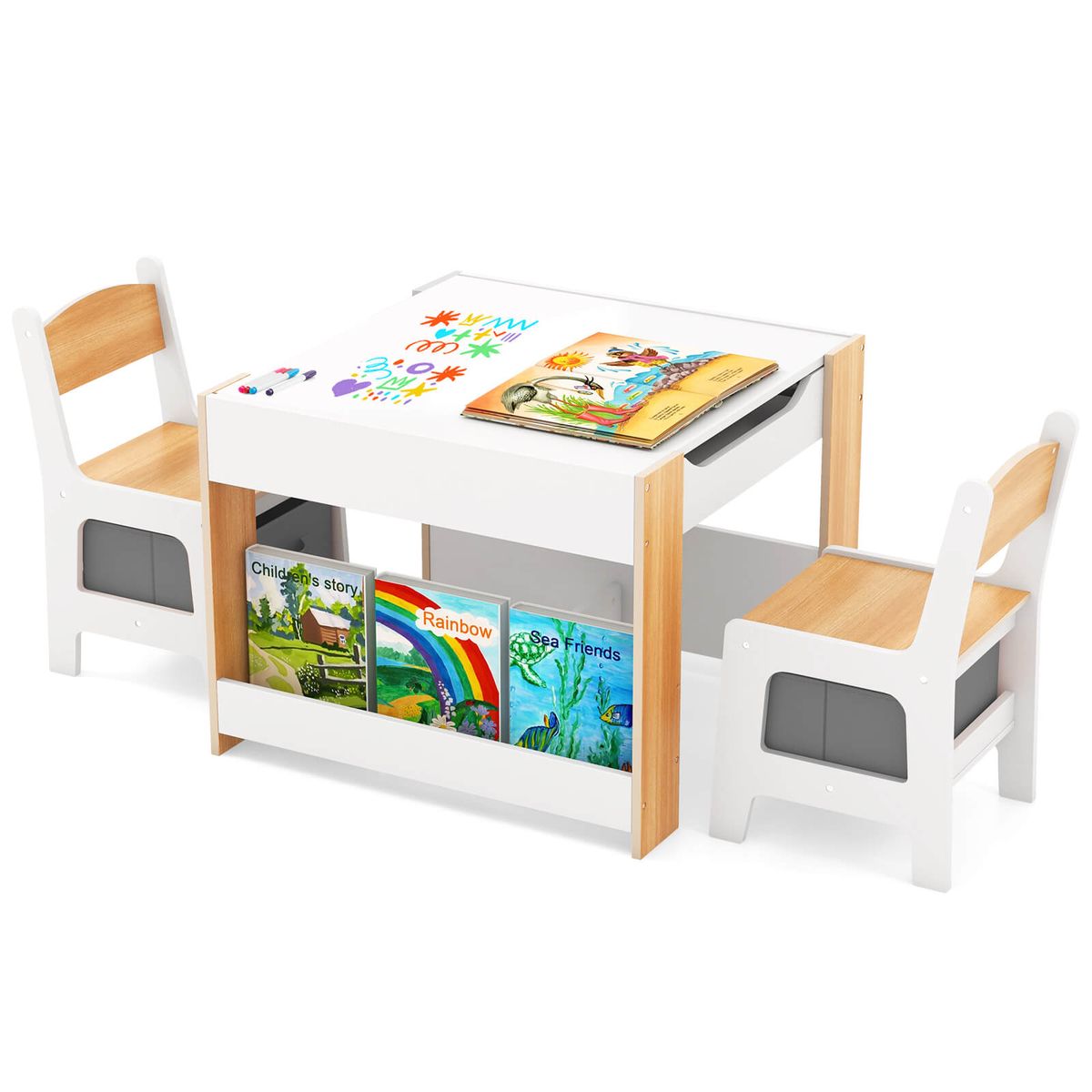 4-in-1 Kids Table and Chair Set with Reverisble Tabletop - Beige