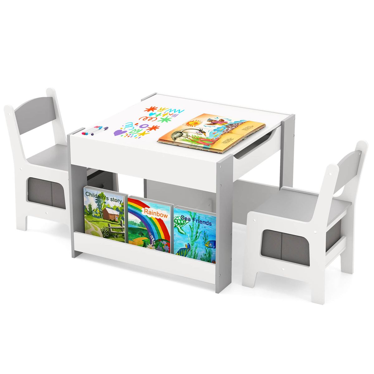 4-in-1 Kids Table and Chair Set with Reverisble Tabletop - Gray