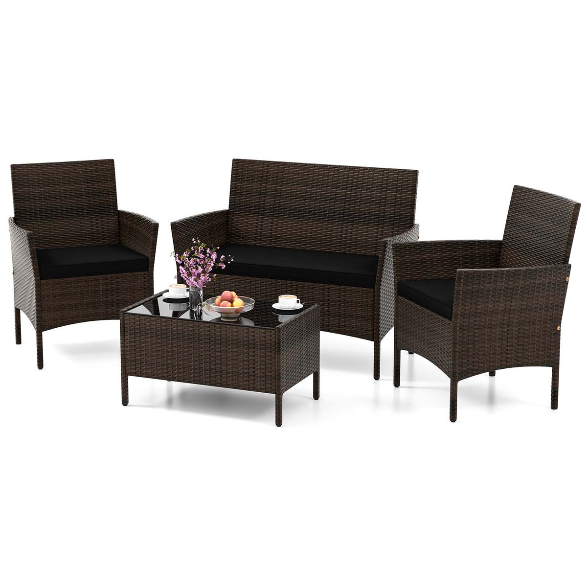 4-Piece Patio Rattan Conversation Set (8 Colors) - Patio Furniture Set-Black
