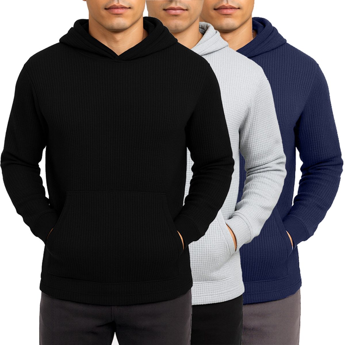 Men's Waffle Knit Thermal Pullover Hoodie (3-Pack) - MWPO-111-BK-HG-NV - S