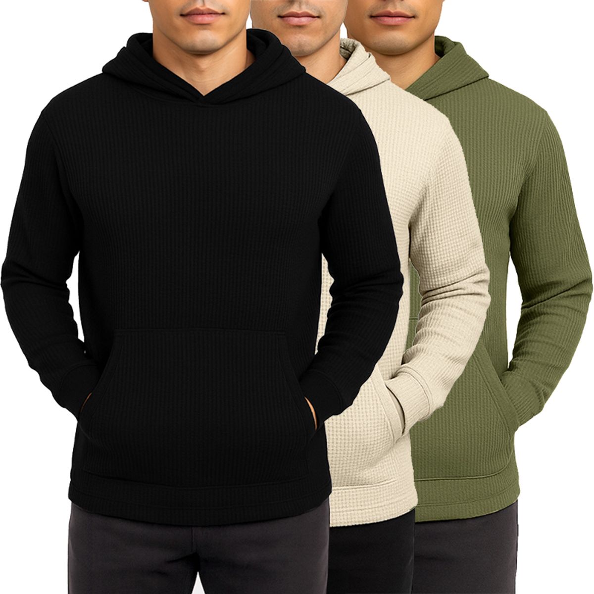 Men's Waffle Knit Thermal Pullover Hoodie (3-Pack) - MWPO-111-BK-OL-NA - S